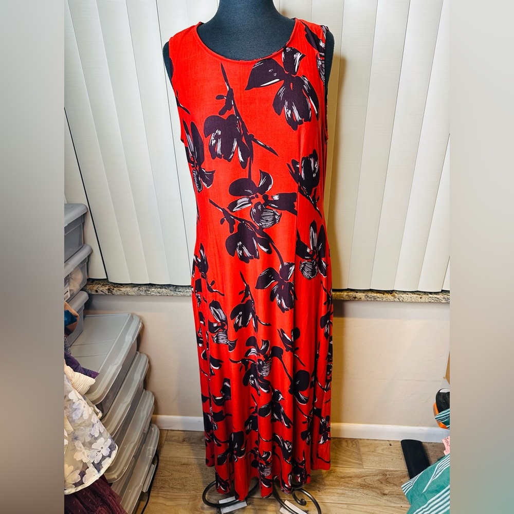 R & B Collection Red Black Floral Sleeveless Maxi Dress Size XL NEW